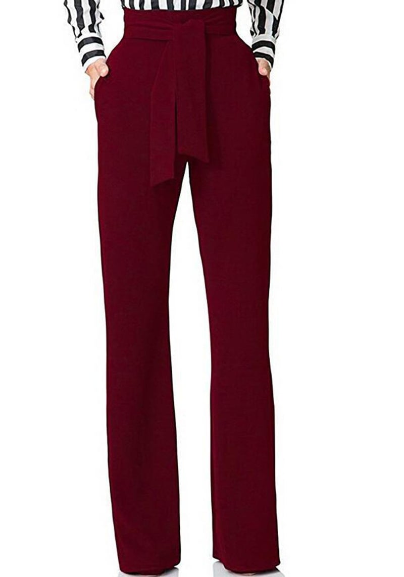 LKOUS Women Work Casual Stretchy Straight Wide Leg High Waisted Long Pants Belt,T- Wine,X-Large - Image 1